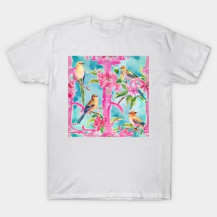 Pink and turquoise preppy birds on trellis watercolor T-Shirt